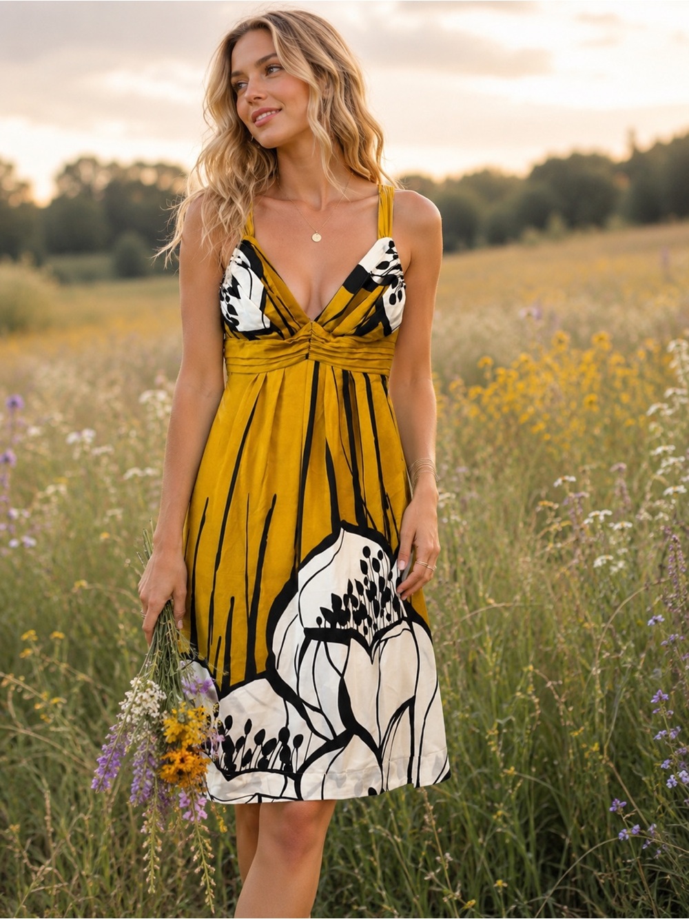 Hale Bob Silk Mustard and Black Patterned Dress